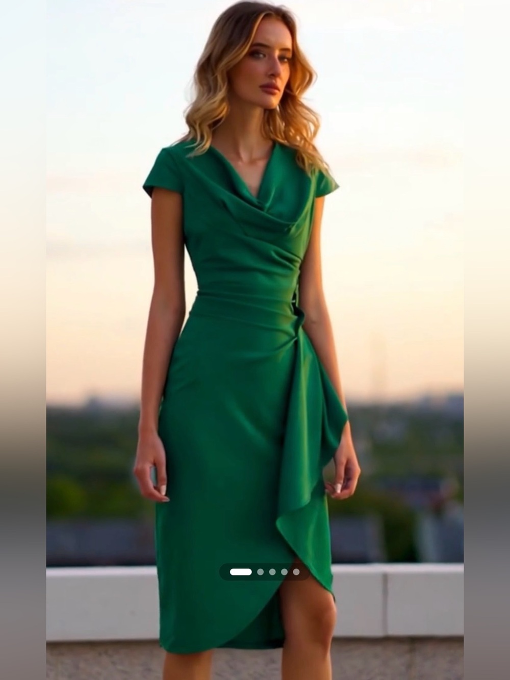 Cowl neck Draped Green Midi Sheath Dress with Side Ruching